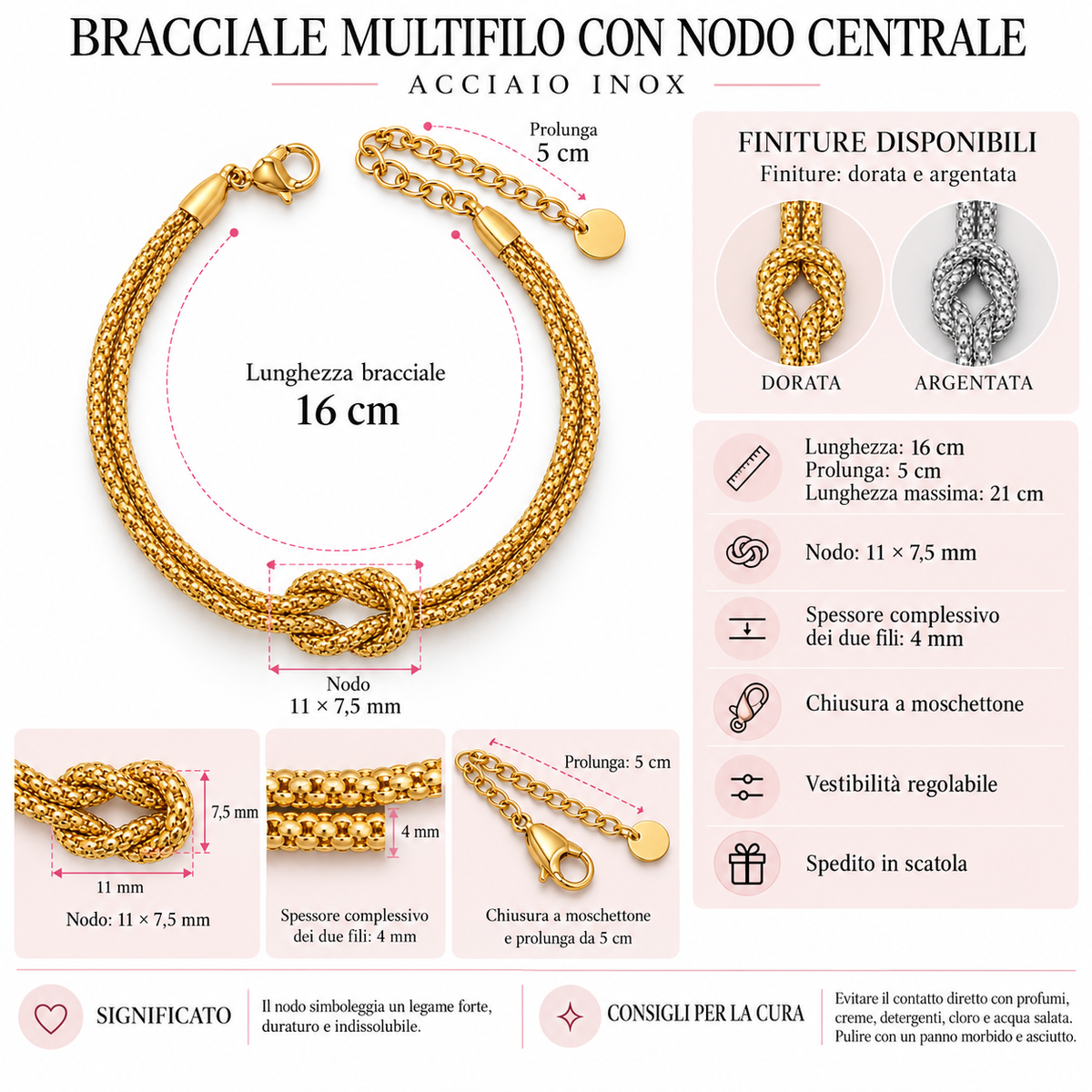 Bracciale Nodo Intrecciato doppio filo in Acciaio Inox