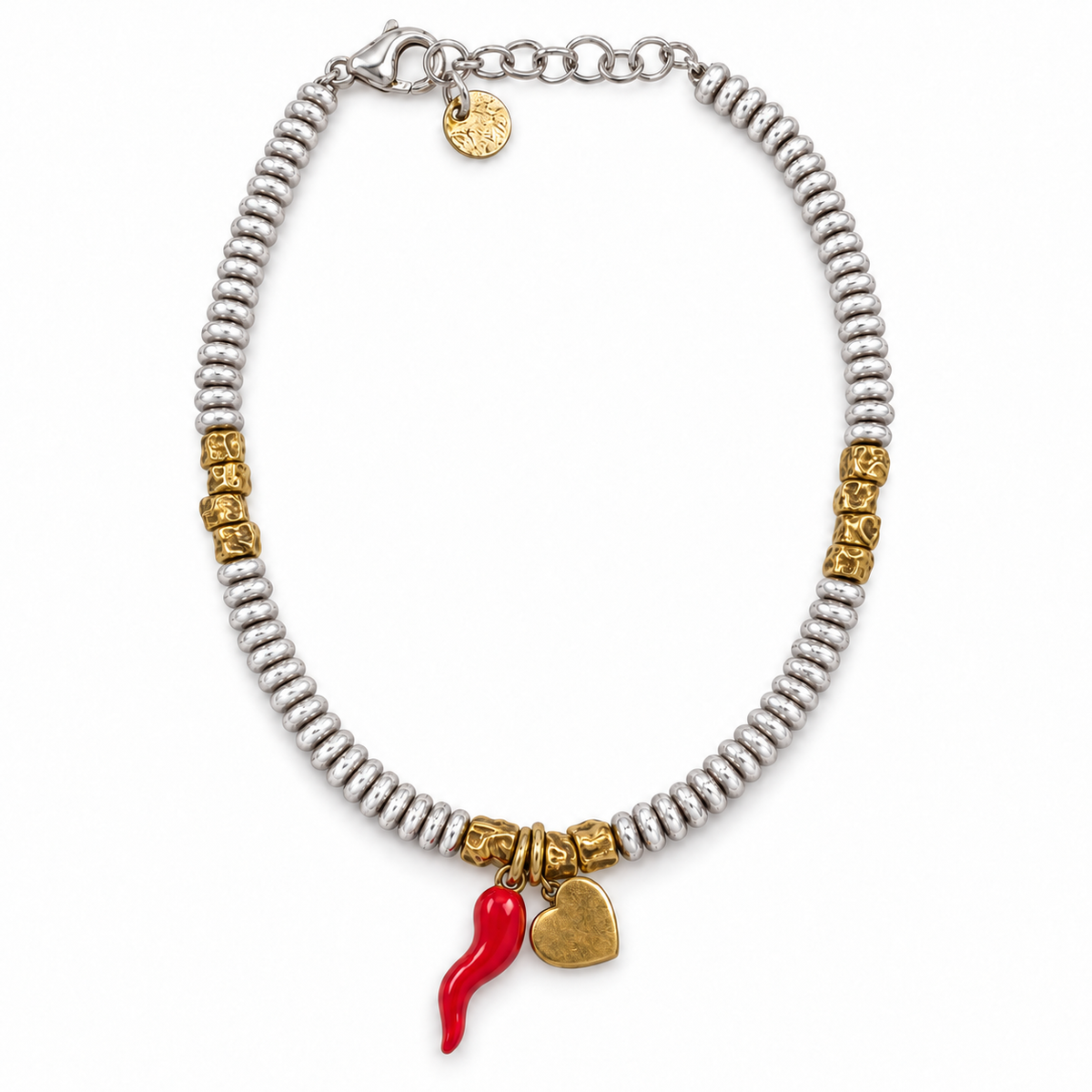 Tweekleurige Armband met Gelukshoorn en Hart van 925 Zilver