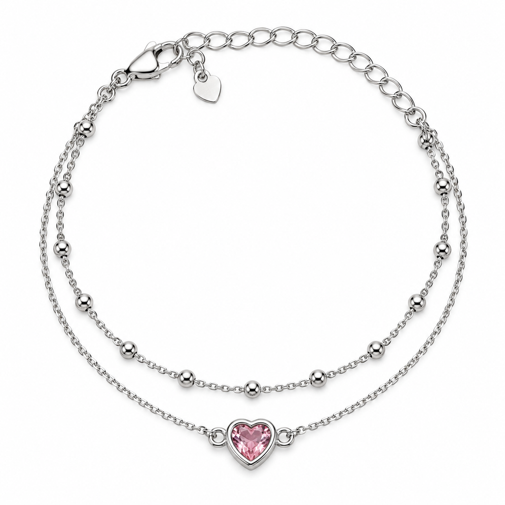 Bracelet double rang avec cœur rose en argent 925
