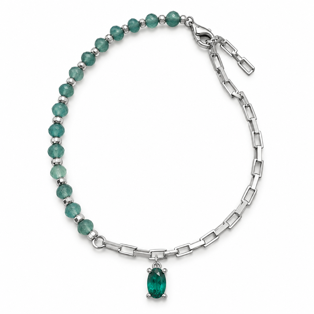 Bracciale Asimmetrico con Sfere e Pietra Verde in Argento 925