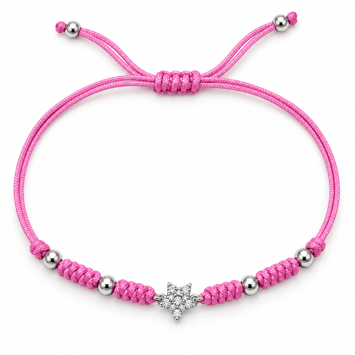 Bracciale con Stella Pavè e Cordino Rosa in Argento 925