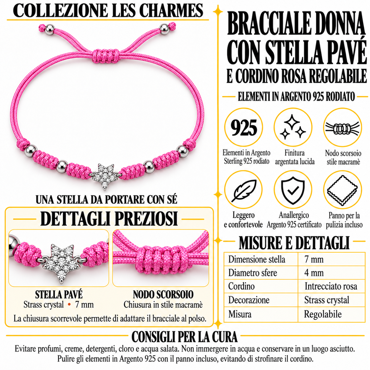 Bracciale con Stella Pavè e Cordino Rosa in Argento 925
