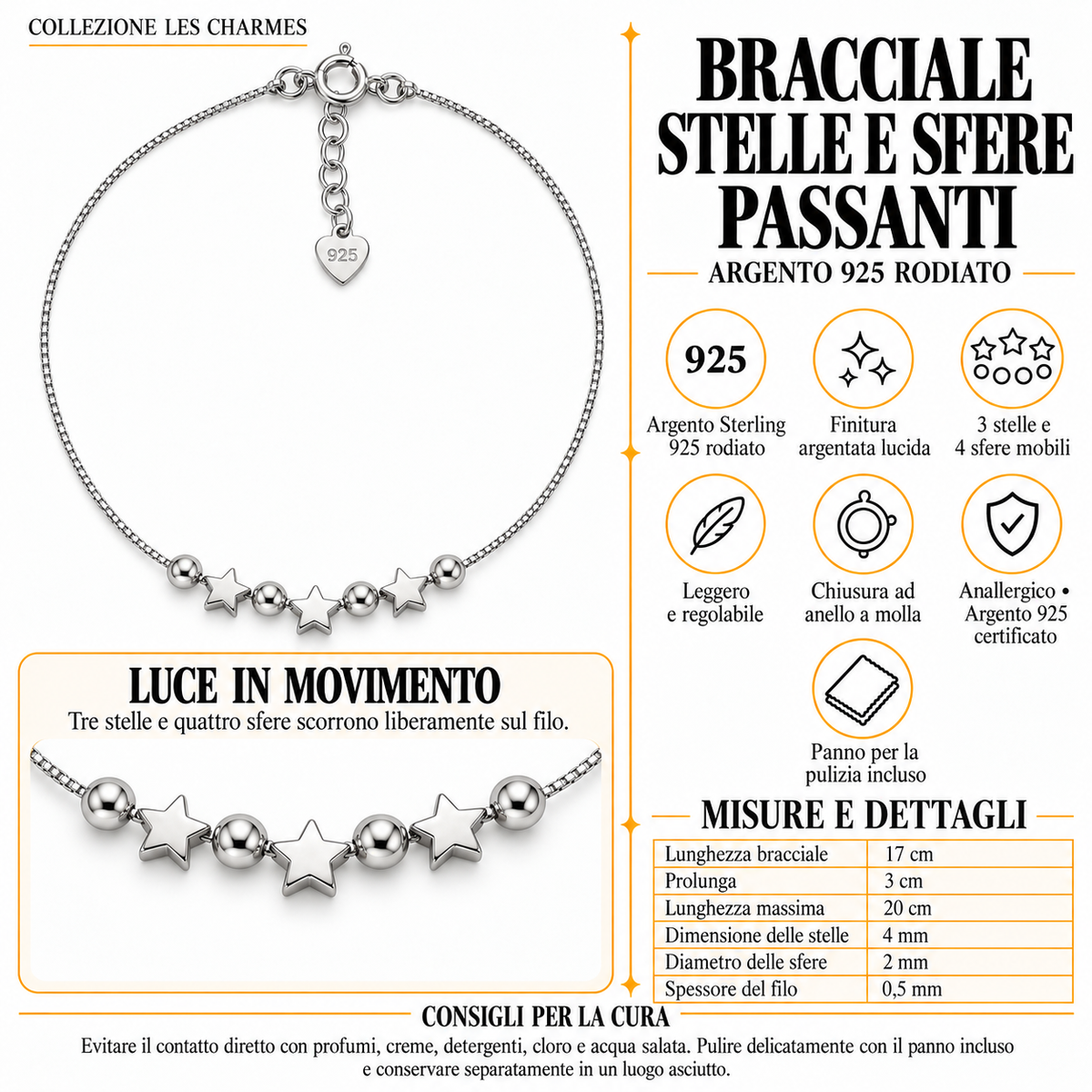 Bracelet avec étoiles et sphères ajourées en argent 925