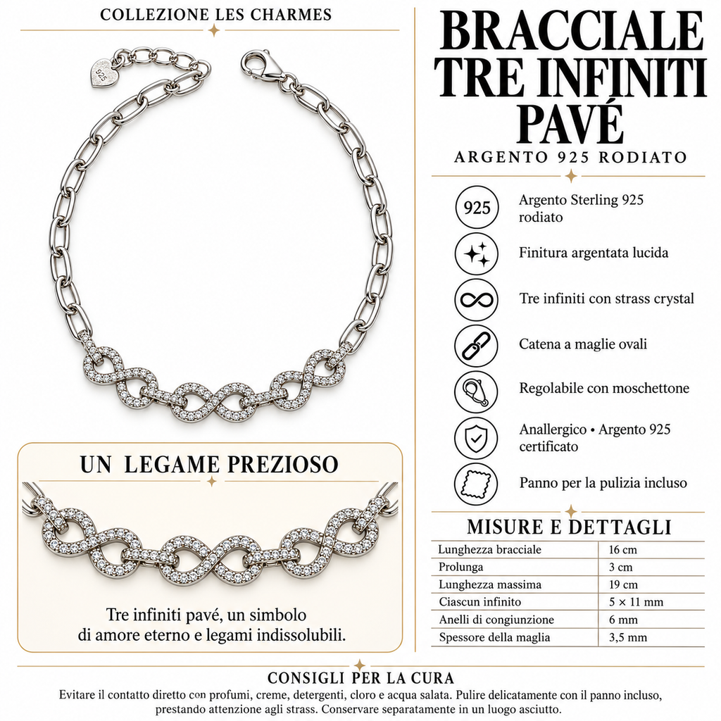 Bracciale con Infiniti e anelli di strass in Argento 925