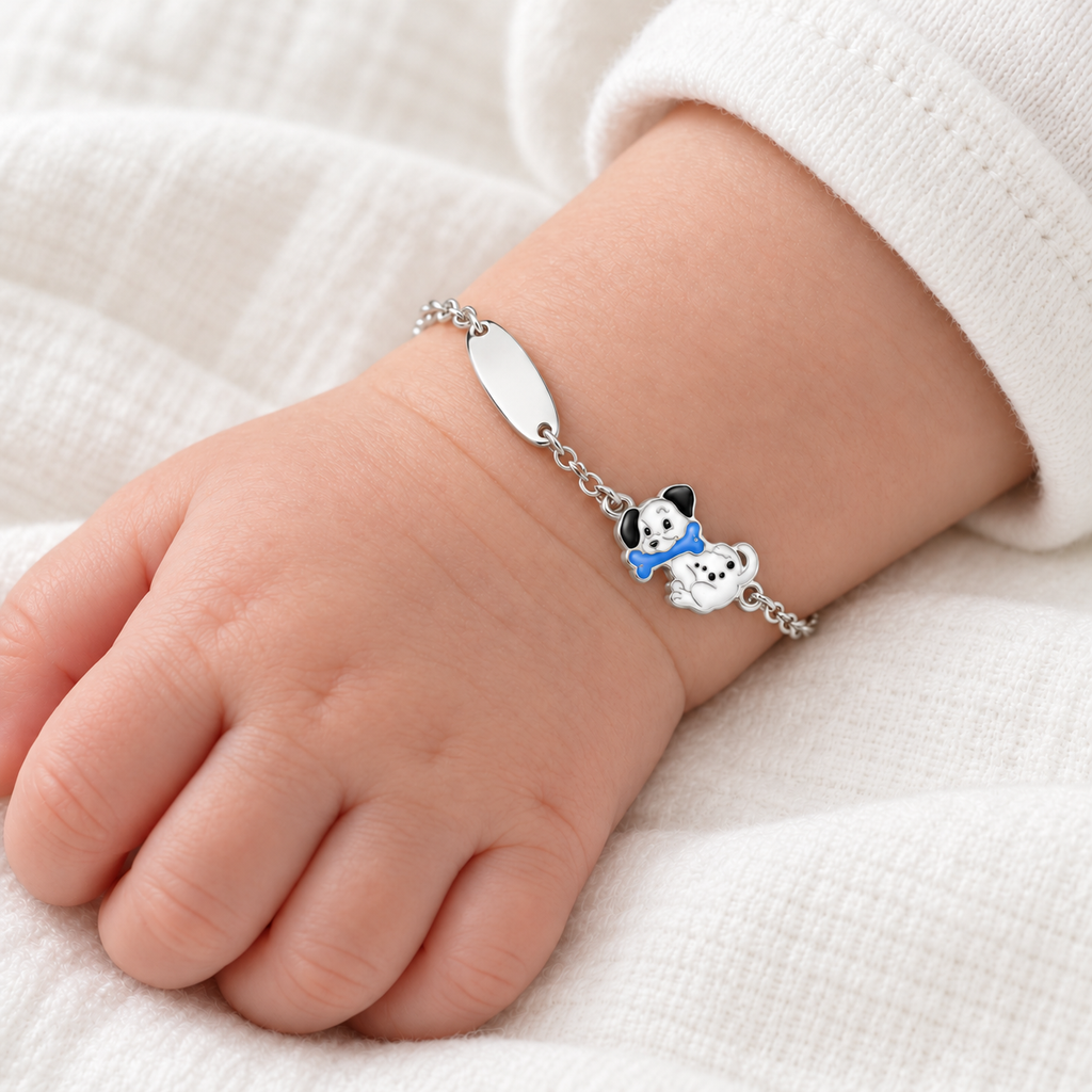 Bracelet pour Enfants avec Chiot et Plaque Gravable en Argent 925