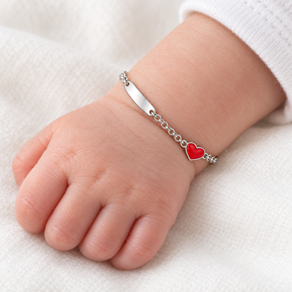 Bracciale per Bambini con Cuore e Piastrina Incisibile in Argento 925