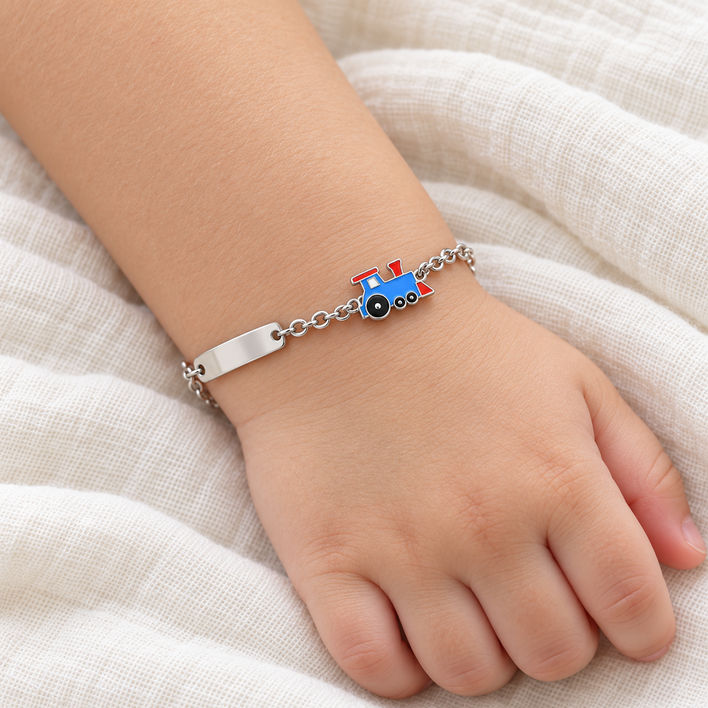 Bracelet pour Enfants avec Petit Train et Plaque Gravable en Argent 925
