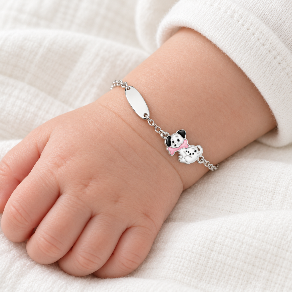 Bracelet pour Enfants avec Chiot et Plaque Gravable en Argent 925