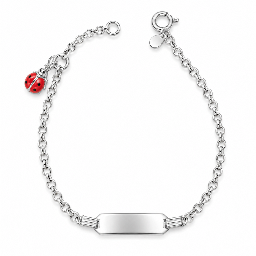 Bracciale per Bambini con Coccinella e Piastrina Incisibile in Argento 925