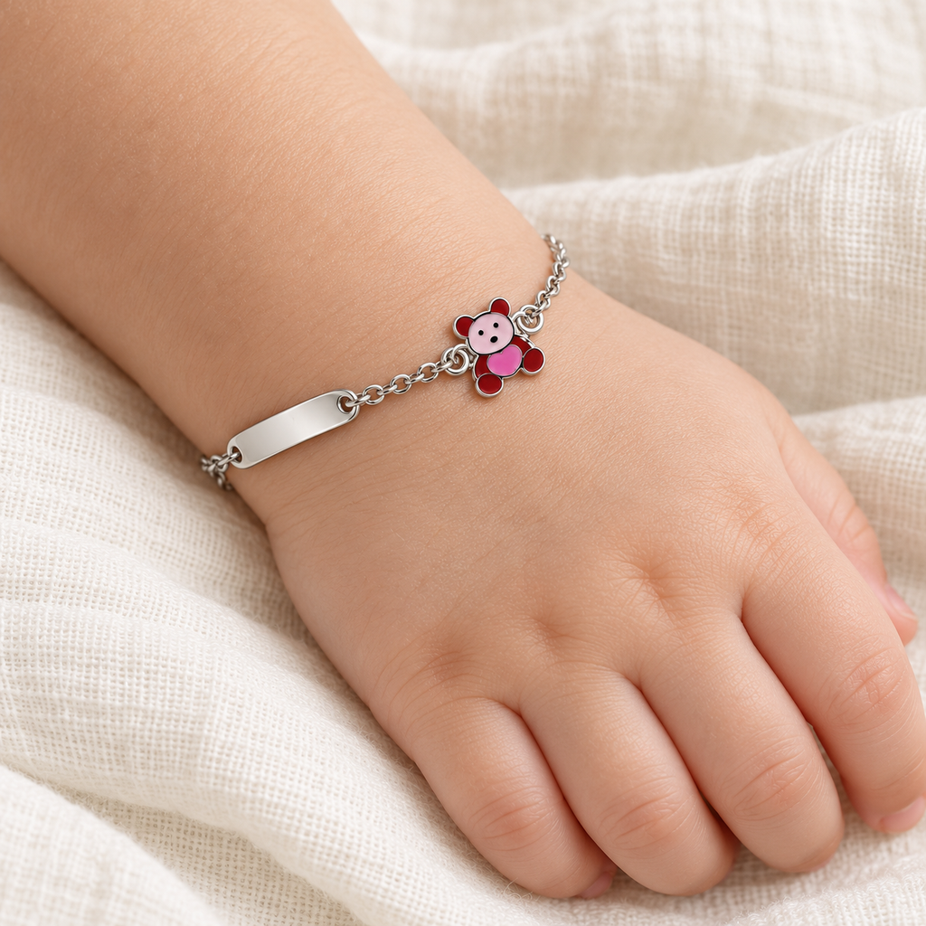 Bracelet pour Enfants avec Ourson et Plaque Gravable en Argent 925