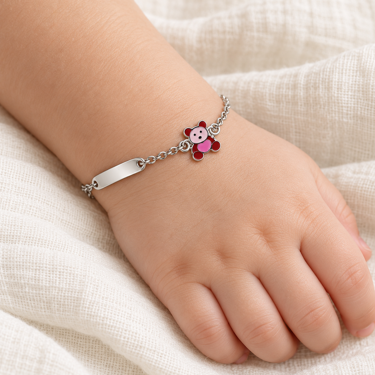 Bracelet pour Enfants avec Ourson et Plaque Gravable en Argent 925