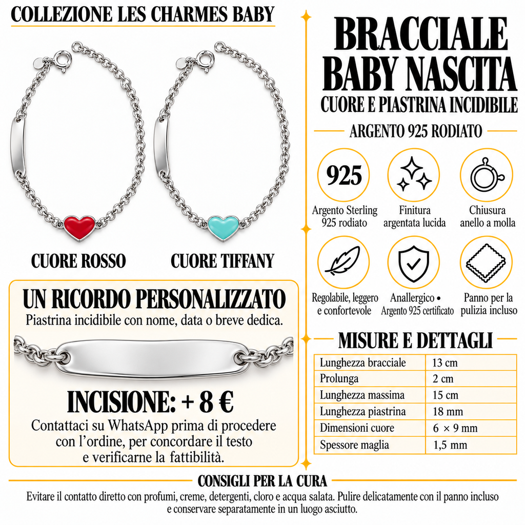 Bracciale per Bambini con Cuore e Piastrina Incisibile in Argento 925