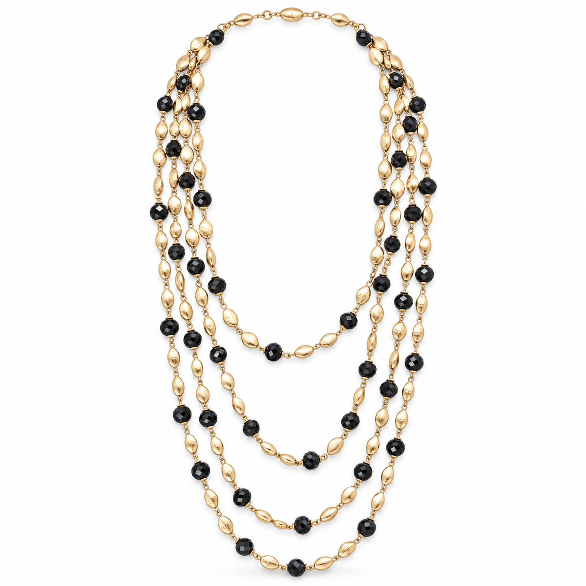 Collana lunga multifilo con cristalli e dettagli sfaccettati
