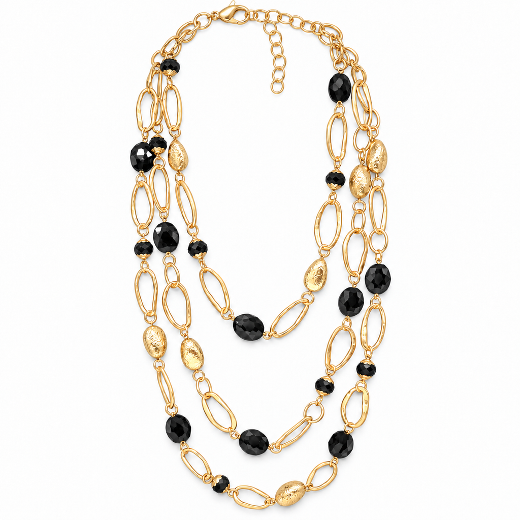 Collana lunga multifilo con cristalli neri e maglie ovali