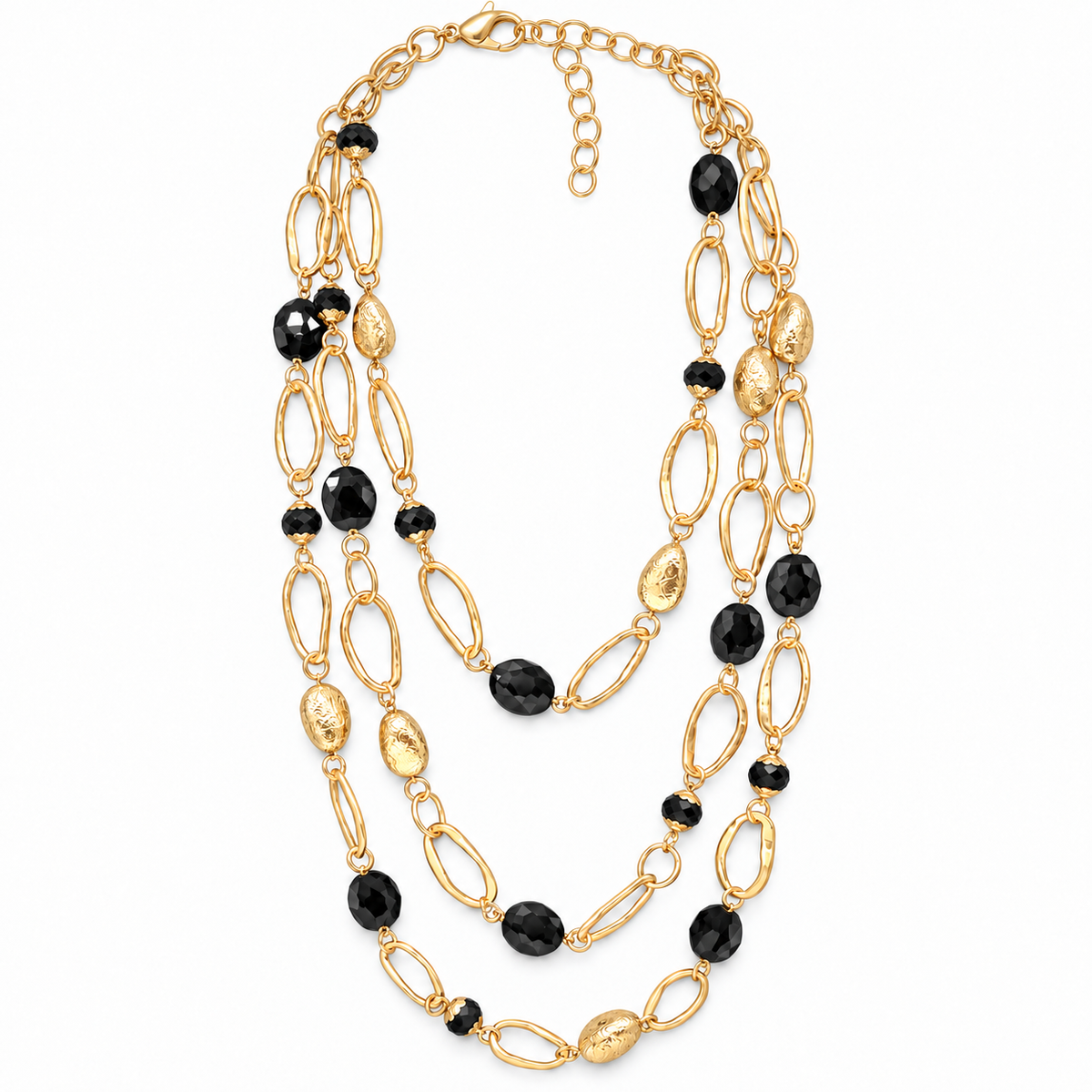 Collana lunga multifilo con cristalli neri e maglie ovali