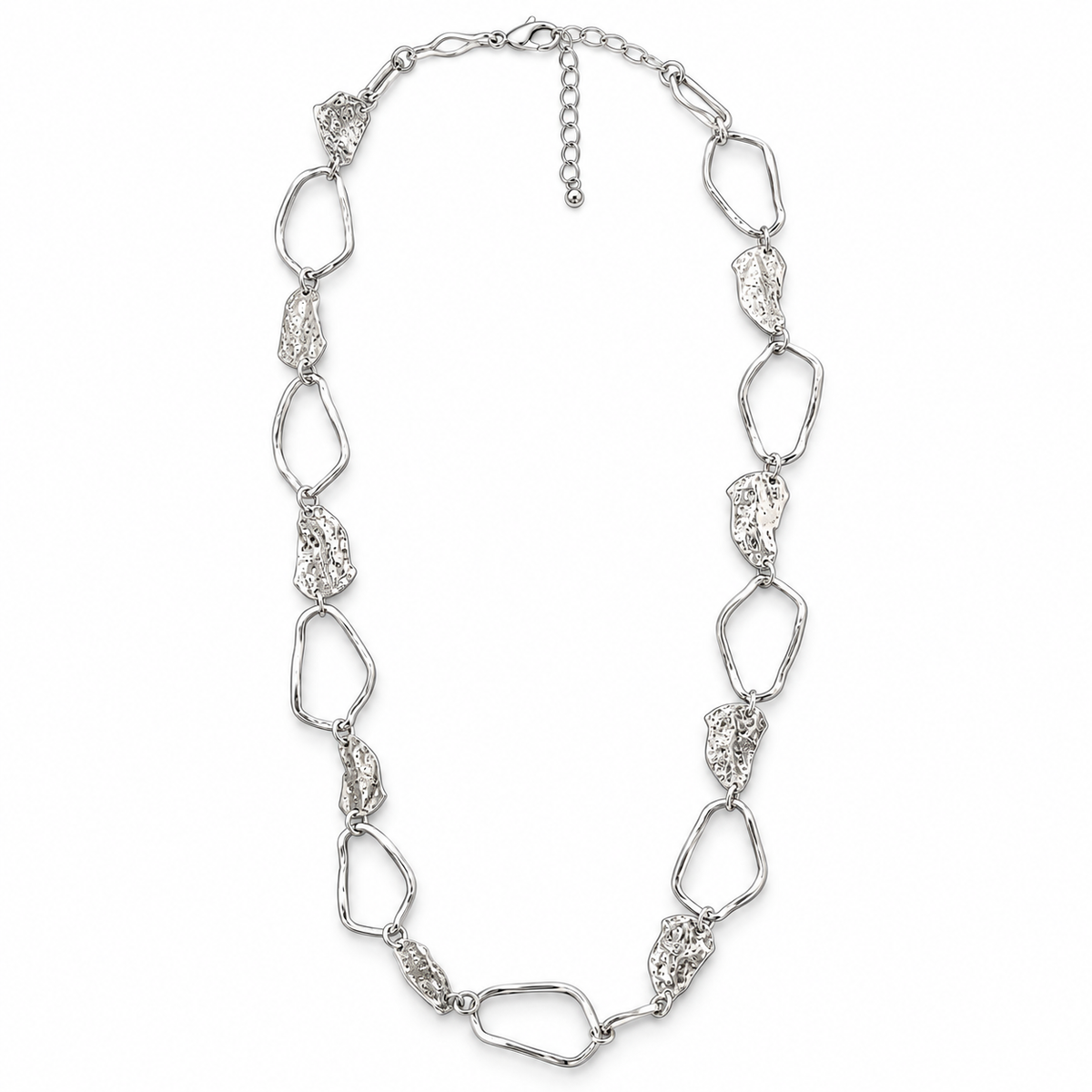 Collana lunga in acciaio inox con maglie irregolari e placche martellate
