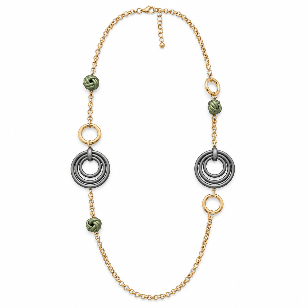 Collana lunga in acciaio inox con cerchi concentrici e nodi decorativi