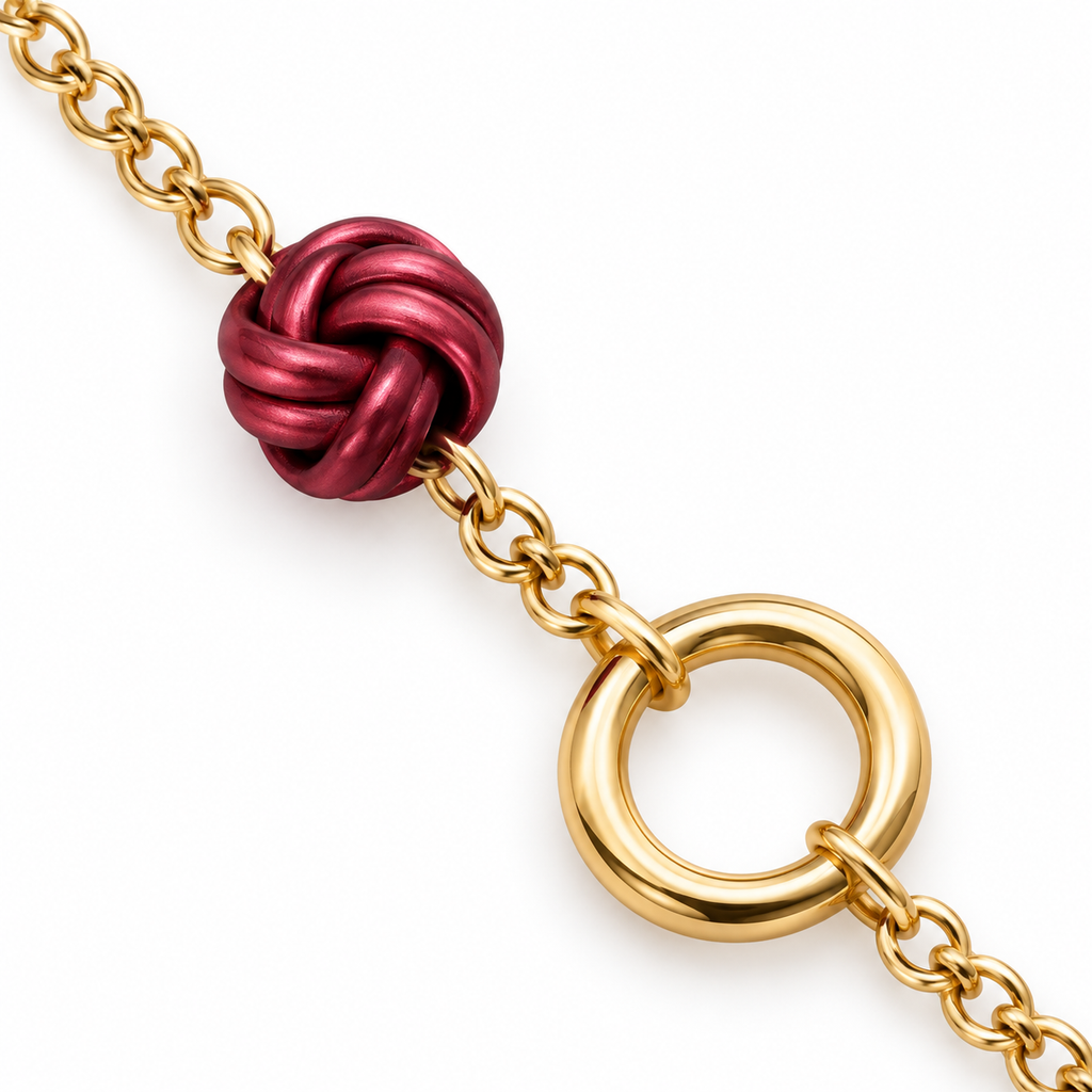 Collana lunga in acciaio inox con cerchi concentrici e nodi decorativi