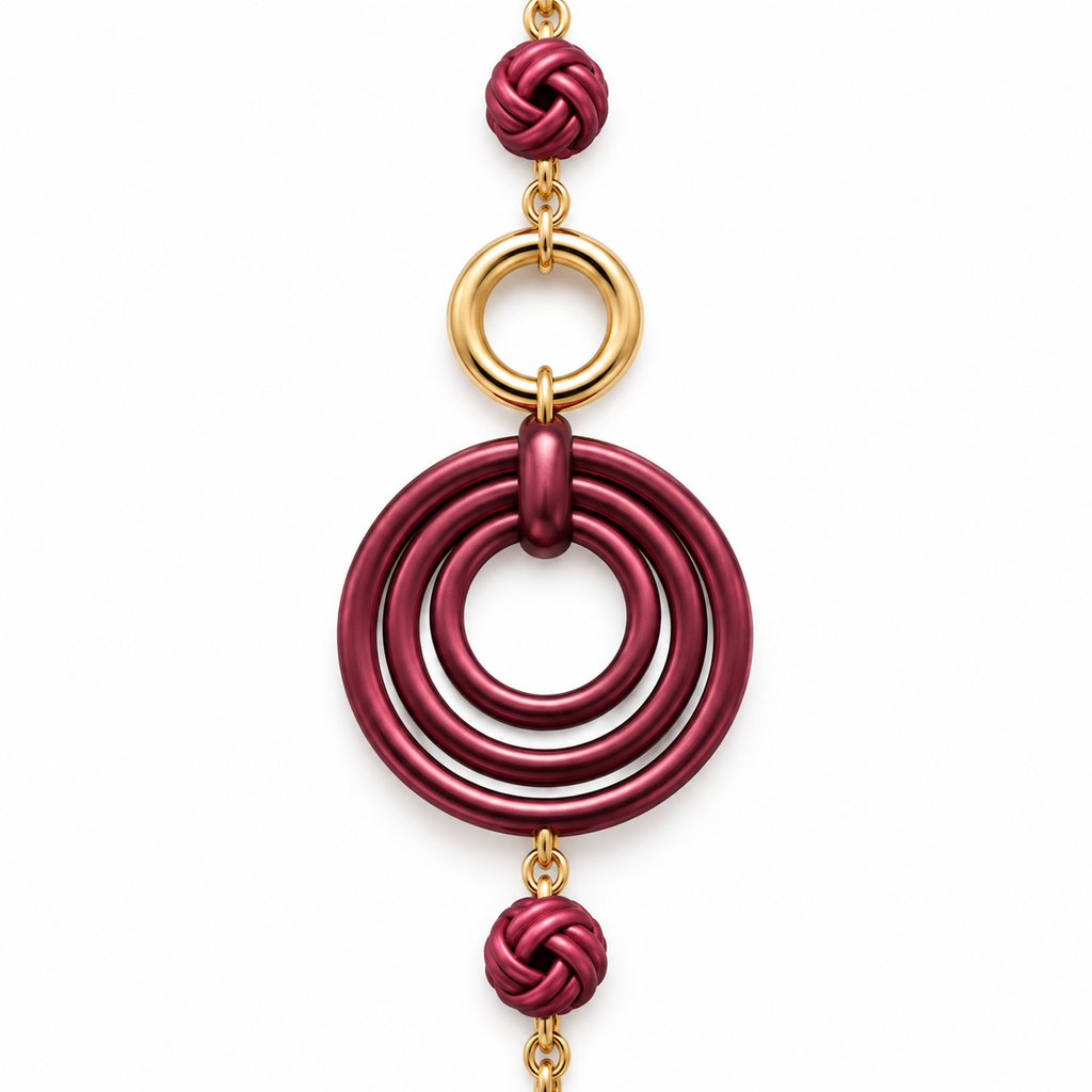 Collana lunga in acciaio inox con cerchi concentrici e nodi decorativi