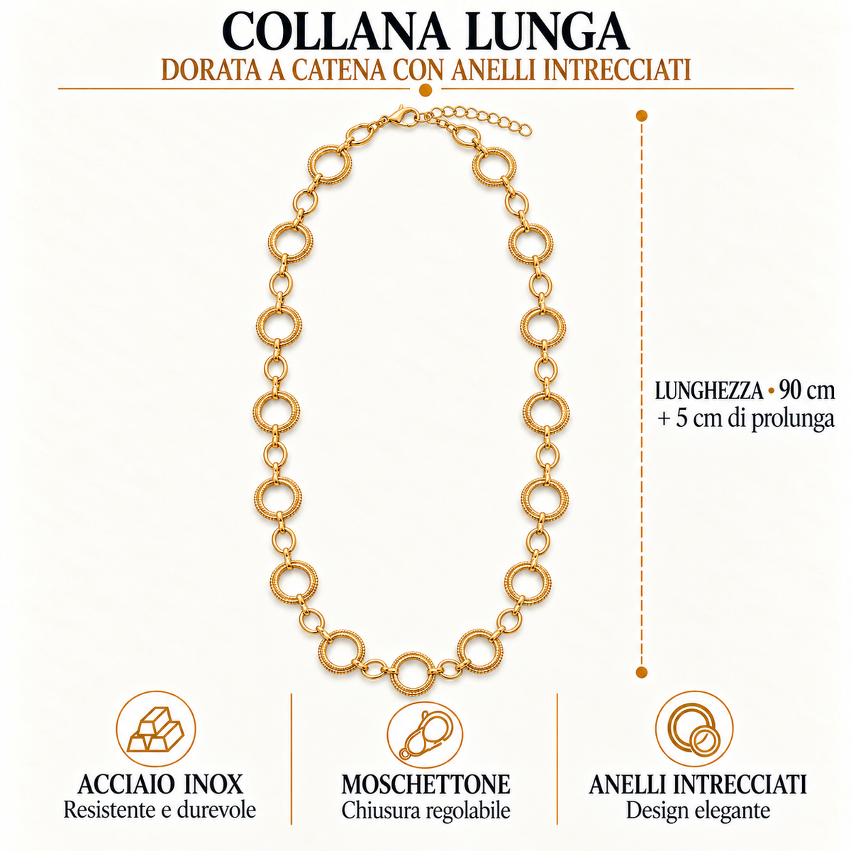 Collana lunga in acciaio inox dorata a catena con anelli intrecciati