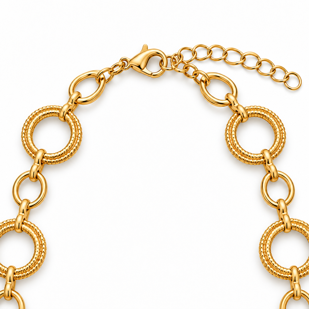 Collana lunga in acciaio inox dorata a catena con anelli intrecciati