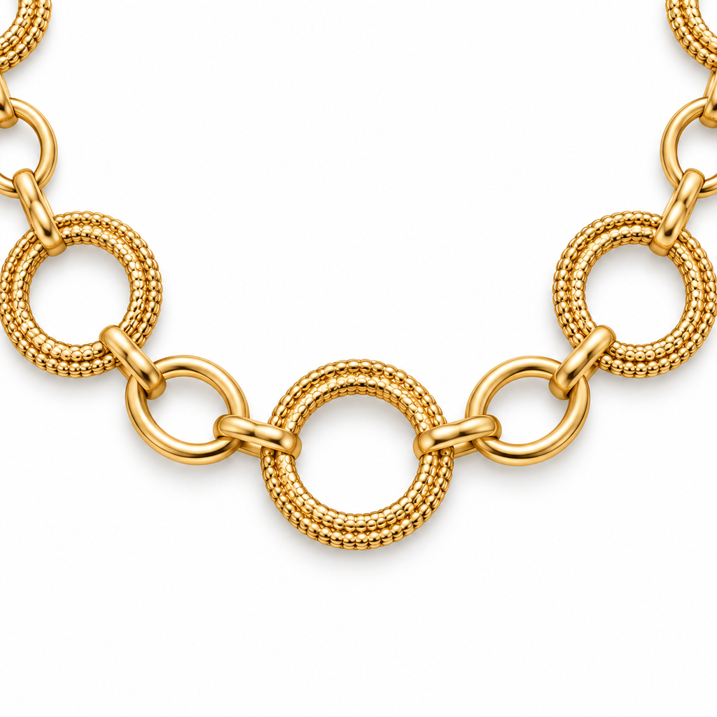 Collana lunga in acciaio inox dorata a catena con anelli intrecciati
