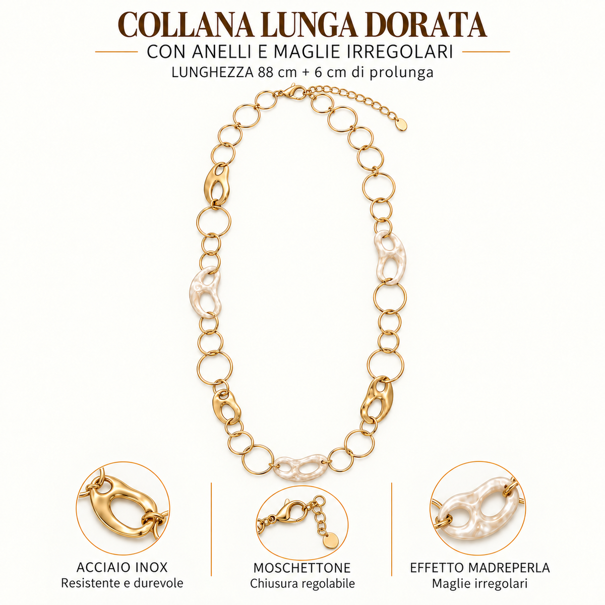 Collana lunga in acciaio inox dorata con anelli e maglie irregolari effetto madreperla
