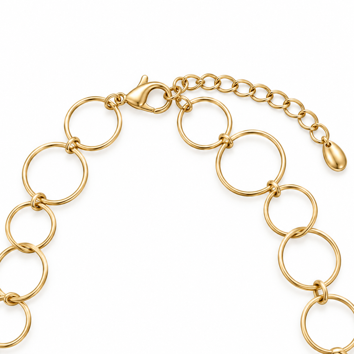 Collana lunga in acciaio inox dorata con anelli e maglie irregolari effetto madreperla