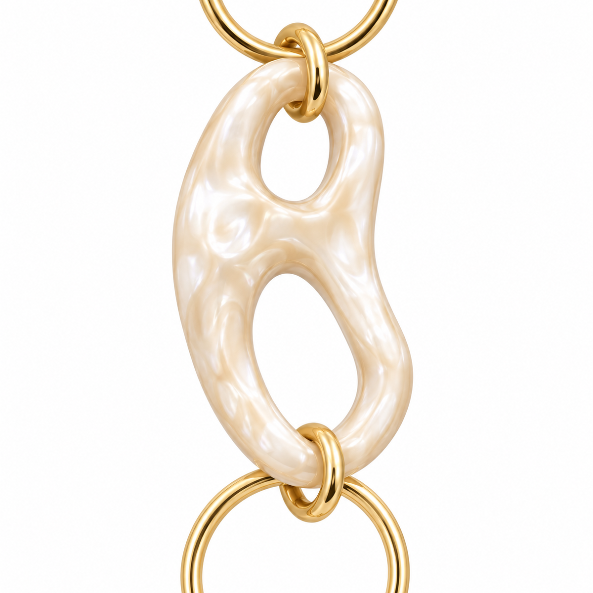 Collana lunga in acciaio inox dorata con anelli e maglie irregolari effetto madreperla