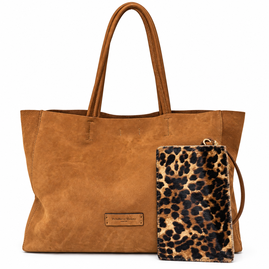 Shopper in vera pelle nabuk con pochette in cavallino Campiello Pelletteria Veneta