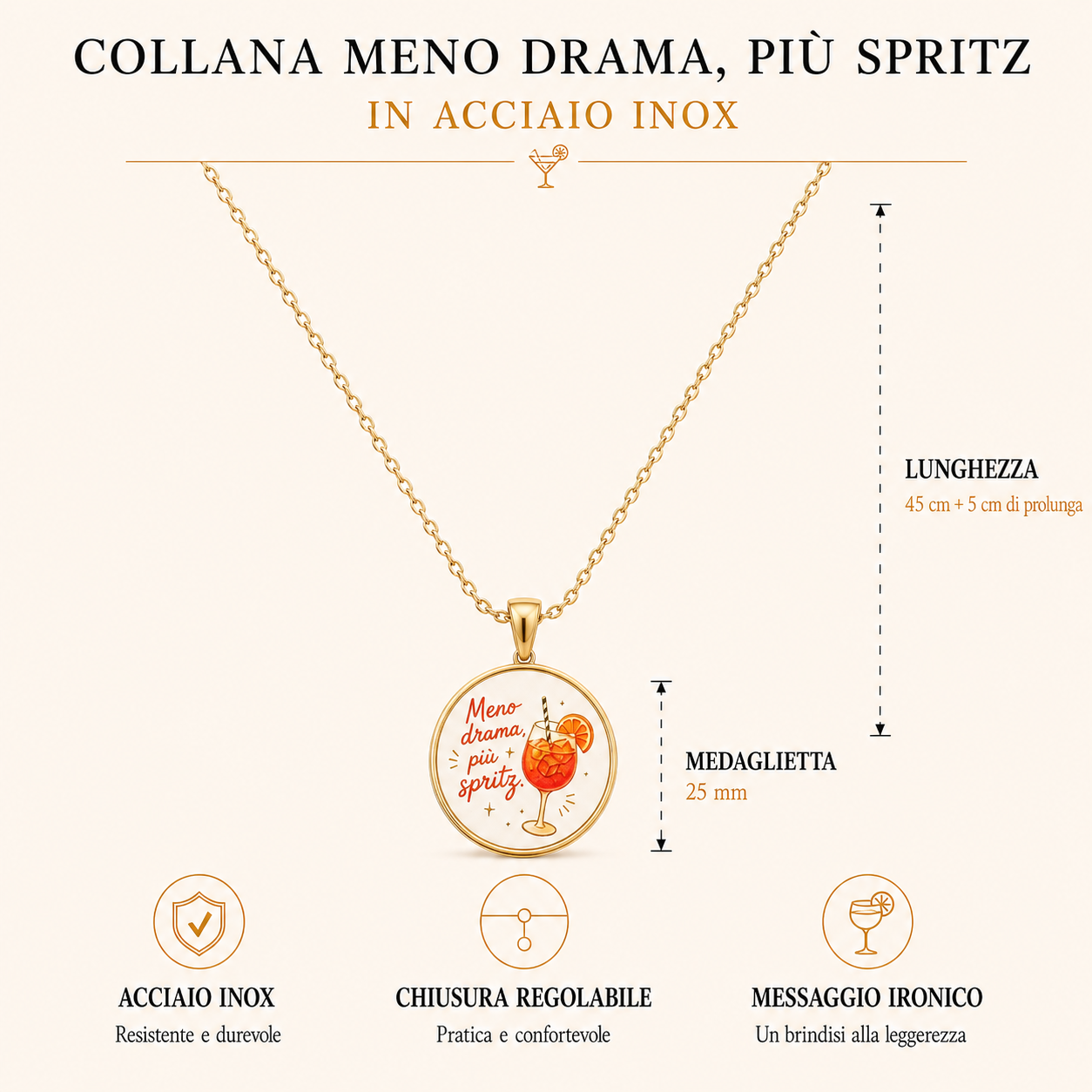 Collana in acciaio inox "Meno drama, più Spritz"