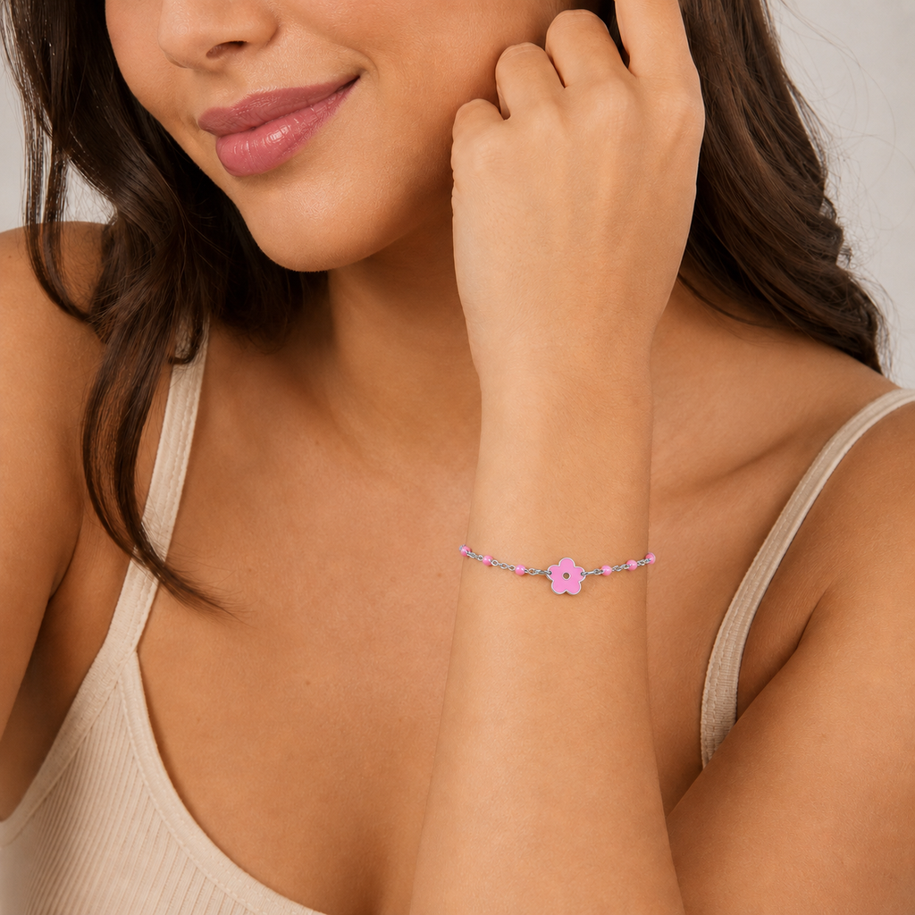 Bracciale Bimba Rosa Fiore Rosa in acciaio inox Imagine - Brand Gioielli