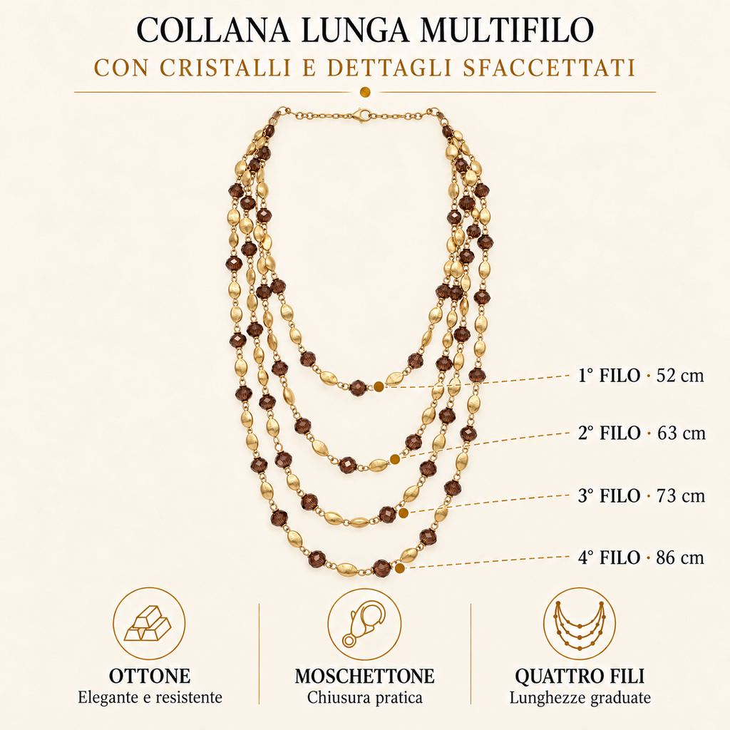 Collana lunga multifilo con cristalli e dettagli sfaccettati
