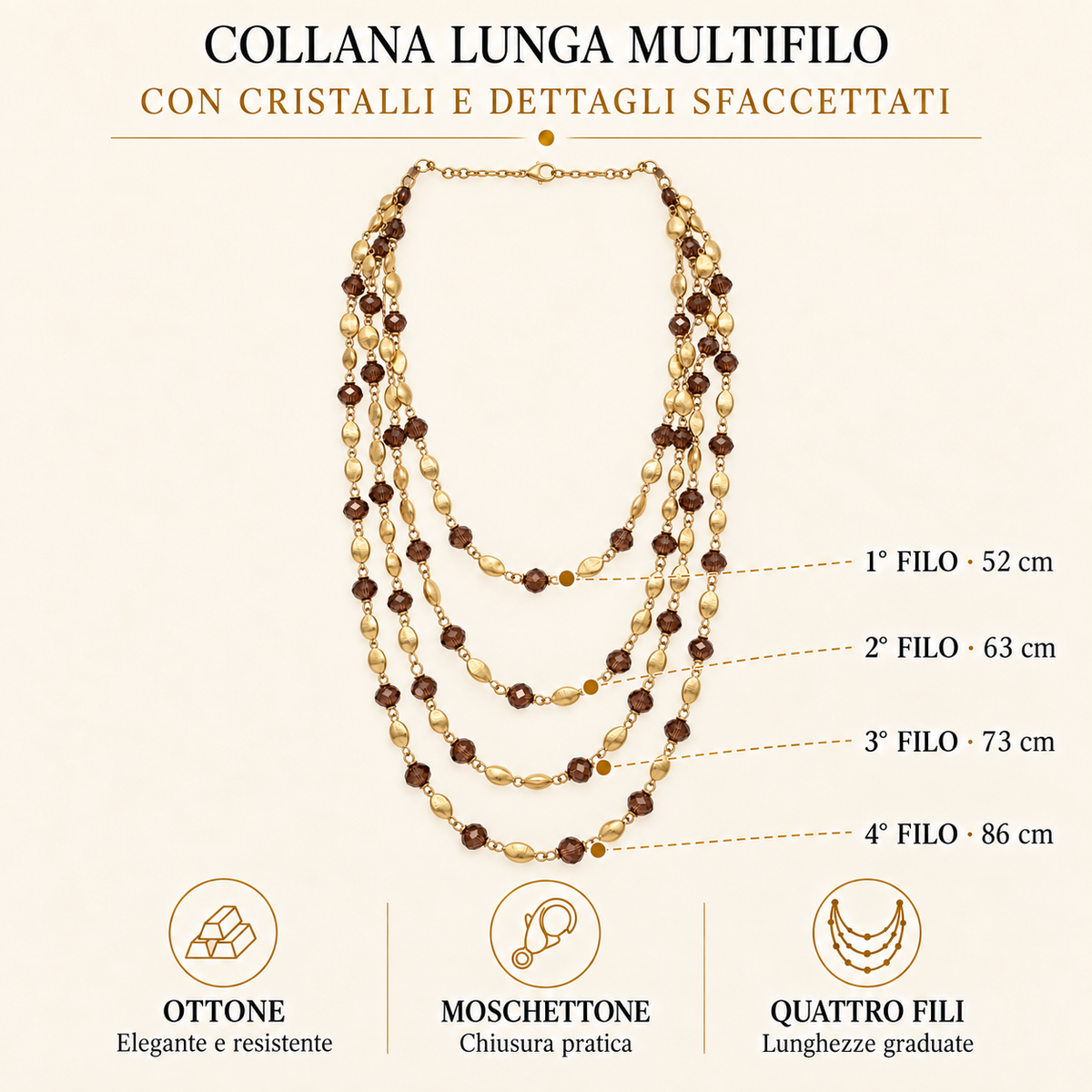 Collana lunga multifilo con cristalli e dettagli sfaccettati