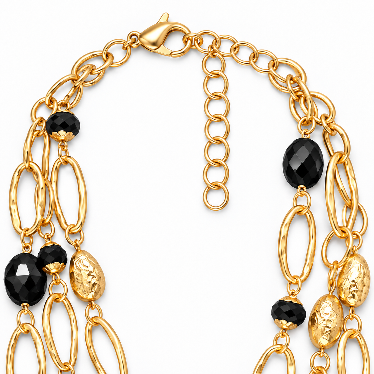 Collana lunga multifilo con cristalli neri e maglie ovali