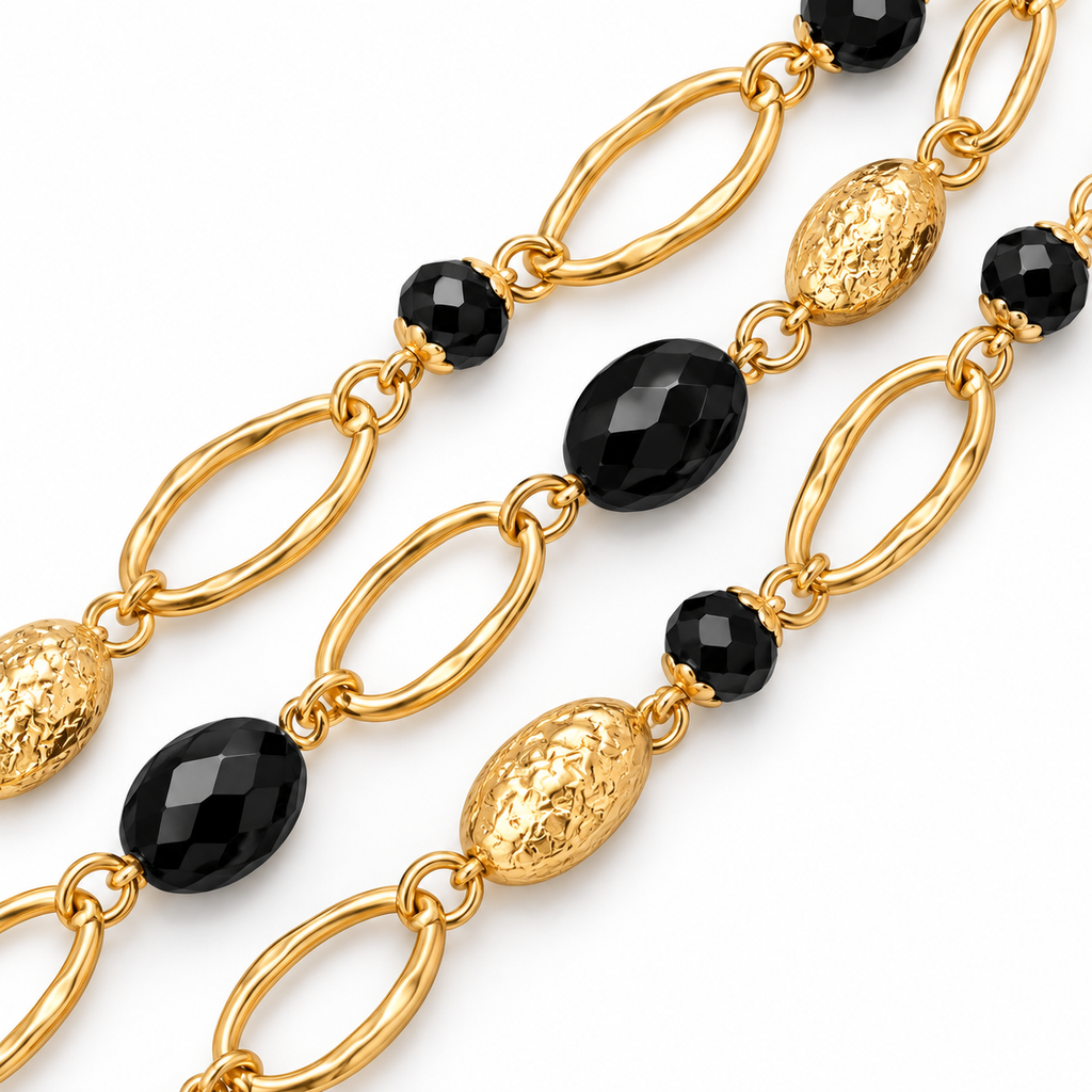 Collana lunga multifilo con cristalli neri e maglie ovali