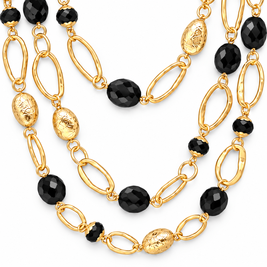 Collana lunga multifilo con cristalli neri e maglie ovali