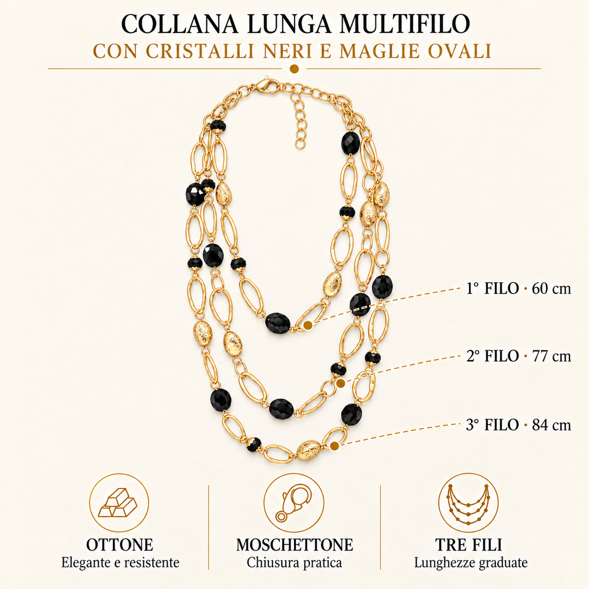 Collana lunga multifilo con cristalli neri e maglie ovali
