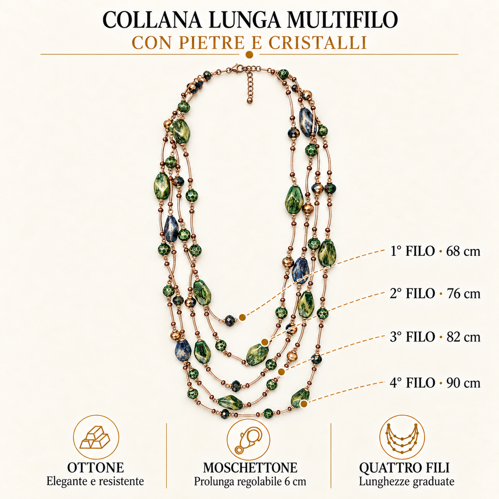 Collana lunga multifilo con pietre e cristalli