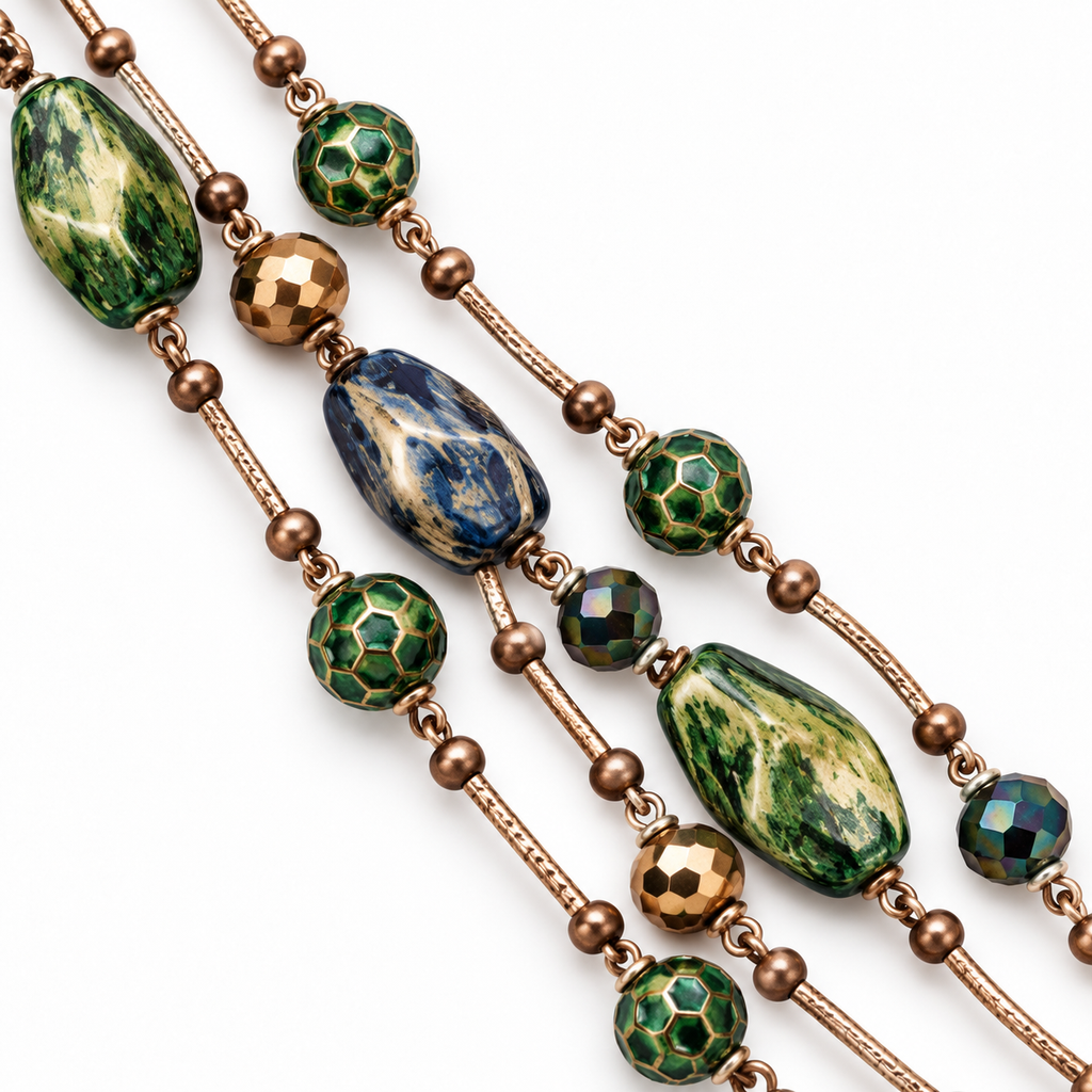 Collana lunga multifilo con pietre e cristalli