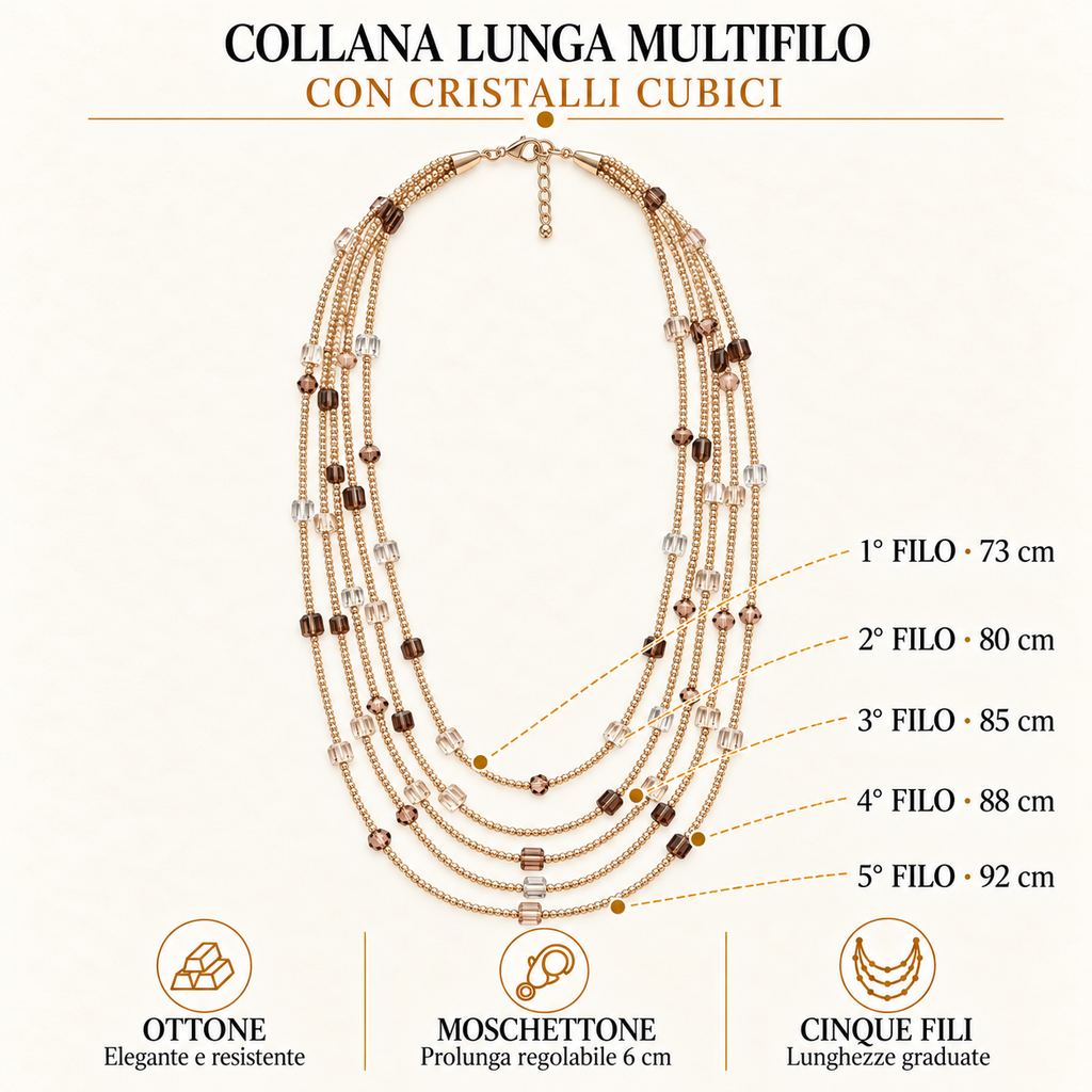 Collana lunga multifilo con cristalli cubici