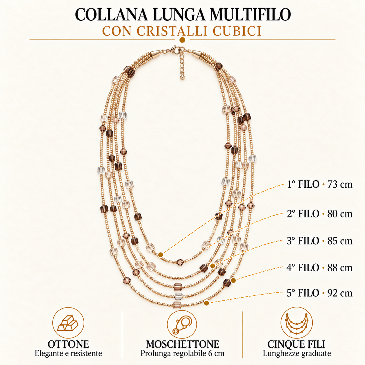 Collana lunga multifilo con cristalli cubici