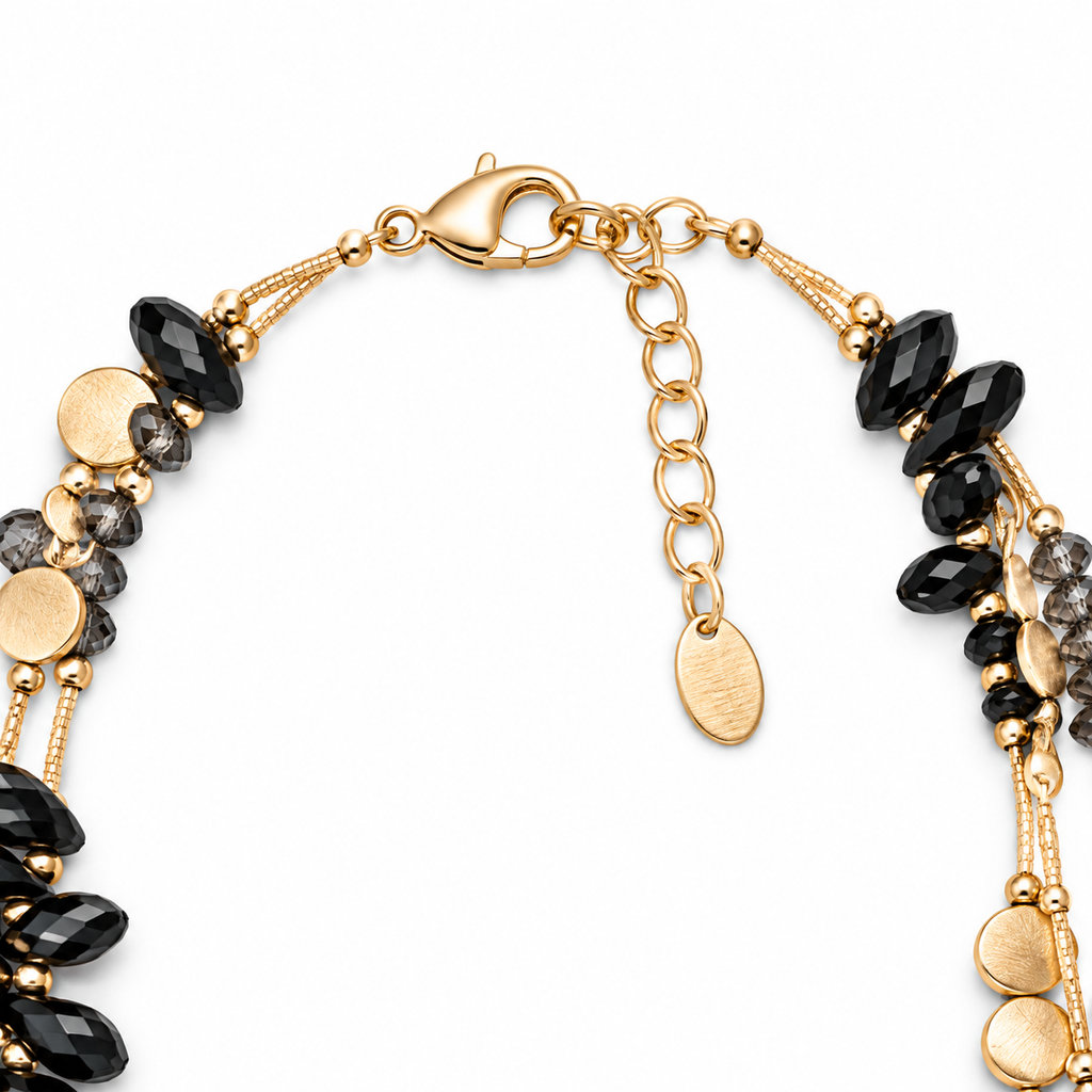 Collana lunga multifilo con cristalli e dischetti dorati