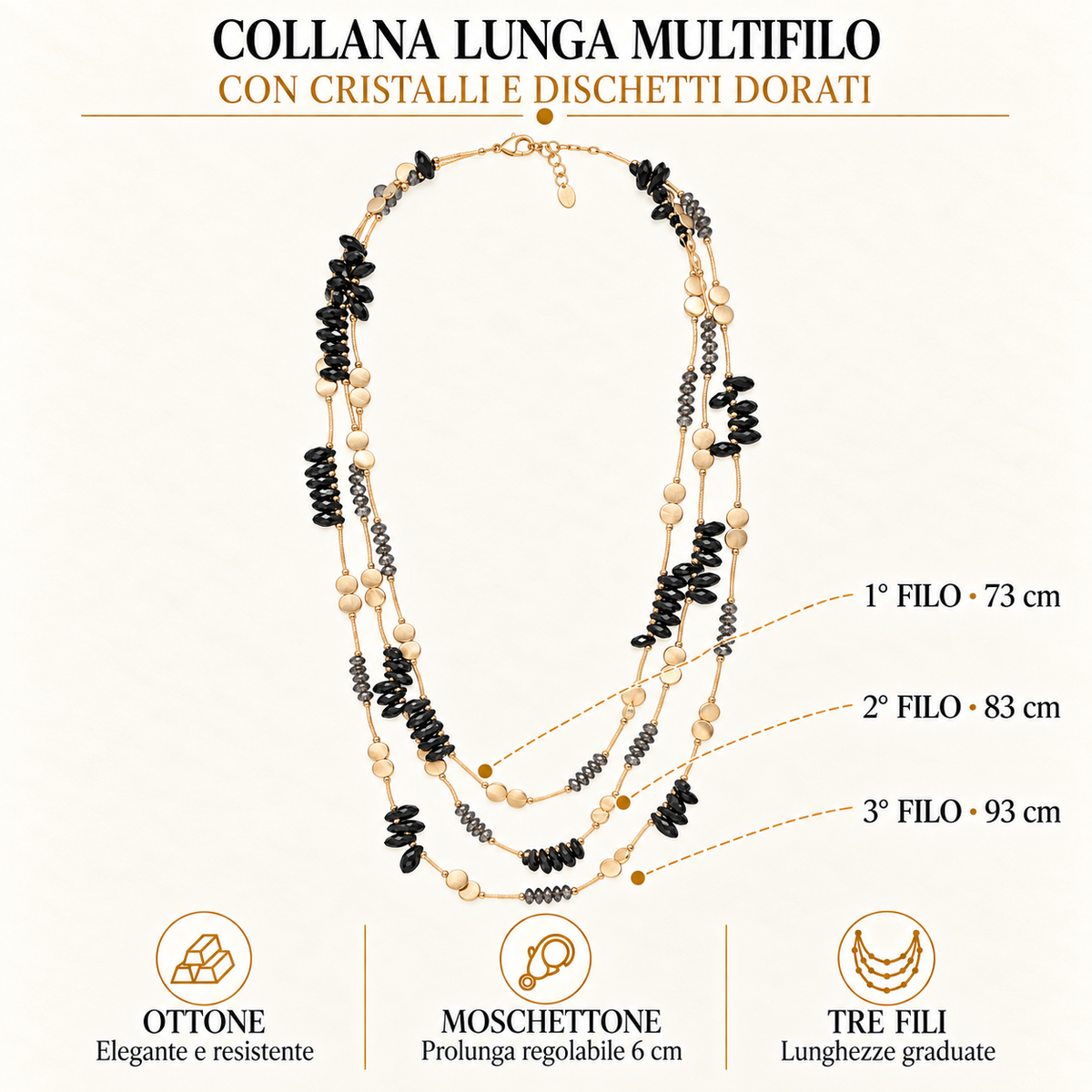 Collana lunga multifilo con cristalli e dischetti dorati