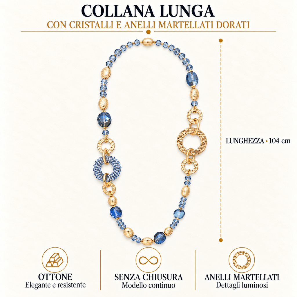 Collana lunga con cristalli e anelli martellati dorati