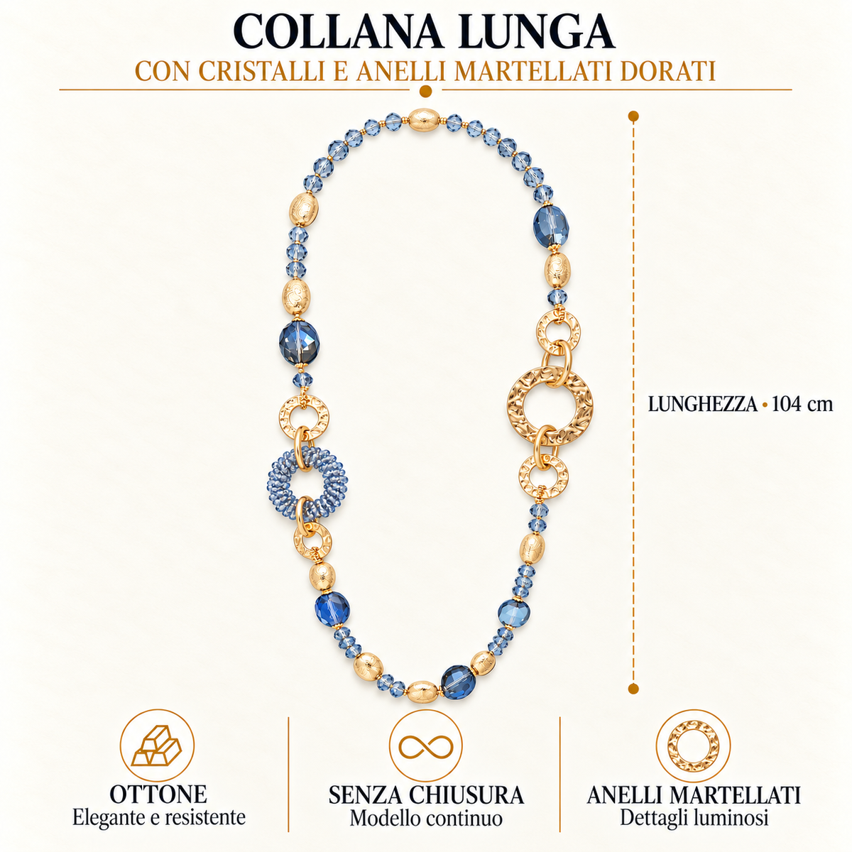 Collana lunga con cristalli e anelli martellati dorati