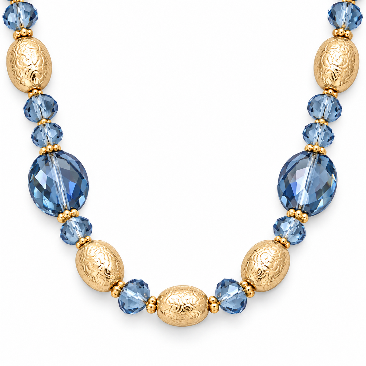 Collana lunga con cristalli e anelli martellati dorati