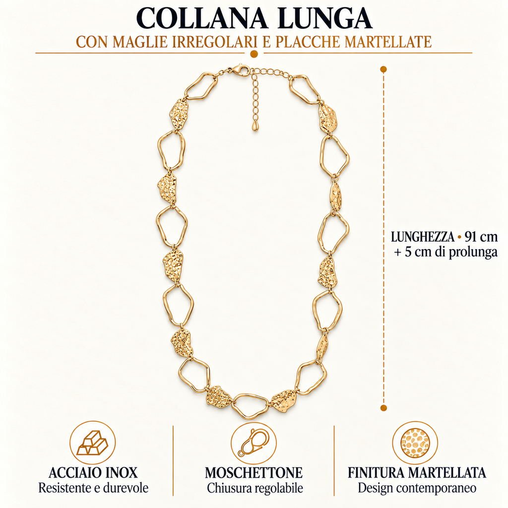Collana lunga in acciaio inox con maglie irregolari e placche martellate