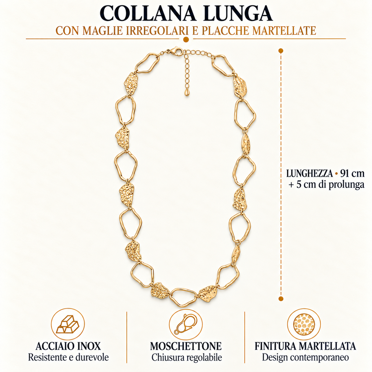Collana lunga in acciaio inox con maglie irregolari e placche martellate