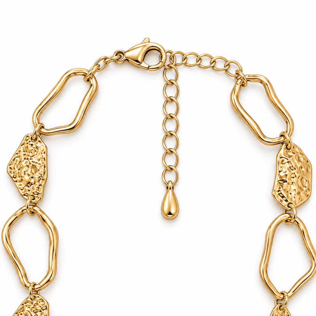 Collana lunga in acciaio inox con maglie irregolari e placche martellate
